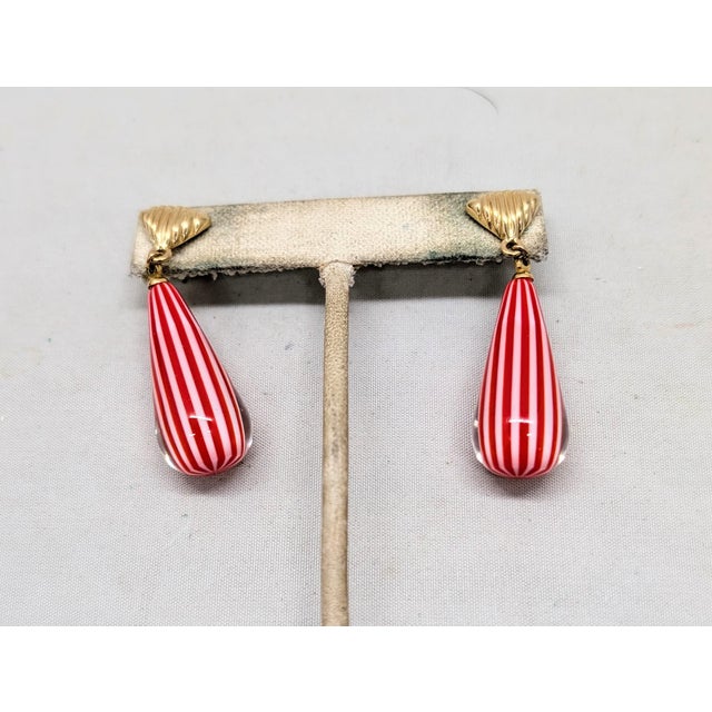 Trifari Vintage 1970s Signed Crown Trifari Red Striped Glass Drops Pierced Earrings - 2 Pieces For Sale - Image 4 of 7