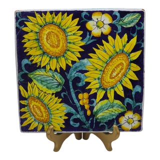 Vintage Hand Painted Terra-Cotta Sun Flower Tuscan Wall Hanging Tile Trivet For Sale