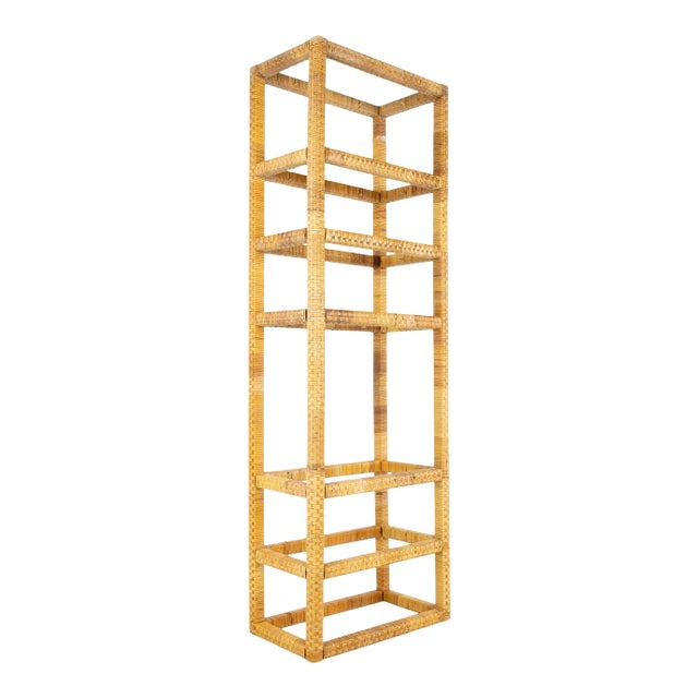 Mid Century Tall Cane and Glass Etagere Shelf For Sale