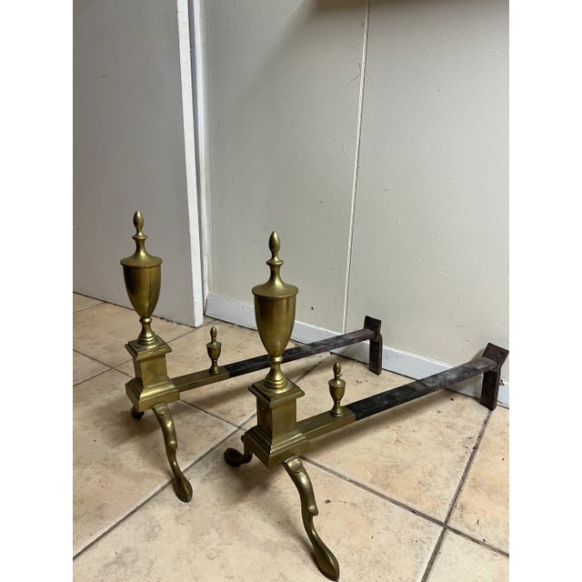 Vintage Pair of Victorian Queen Anne Style Polished Brass Andirons For Sale In Washington DC - Image 6 of 12