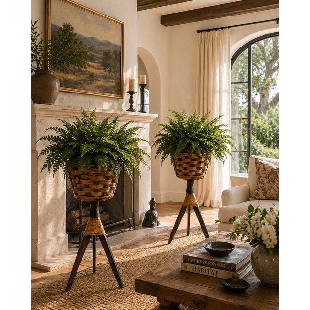 Pair Mid-Century Woven Basket Planters on Tripod Stands For Sale - Image 14 of 14