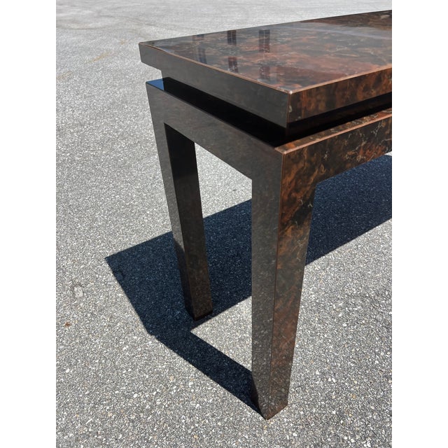 Mid-Century Modern 1970s Tortoiseshell Laminate Parsons Sofa Table Style of Milo Baughman For Sale - Image 3 of 14