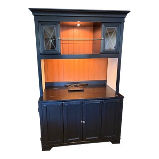 Attributed to Hooker Furniture Computer Credenza Desk/Workstation With Lighted Hutch and Glass Door Display Sections. For Sale