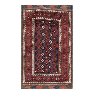 1890s Red Wine Geometric Tribal Antique Balouch Turkman Rug 3' 0'' X4' 9'' Handknotted Wool Carpet For Sale