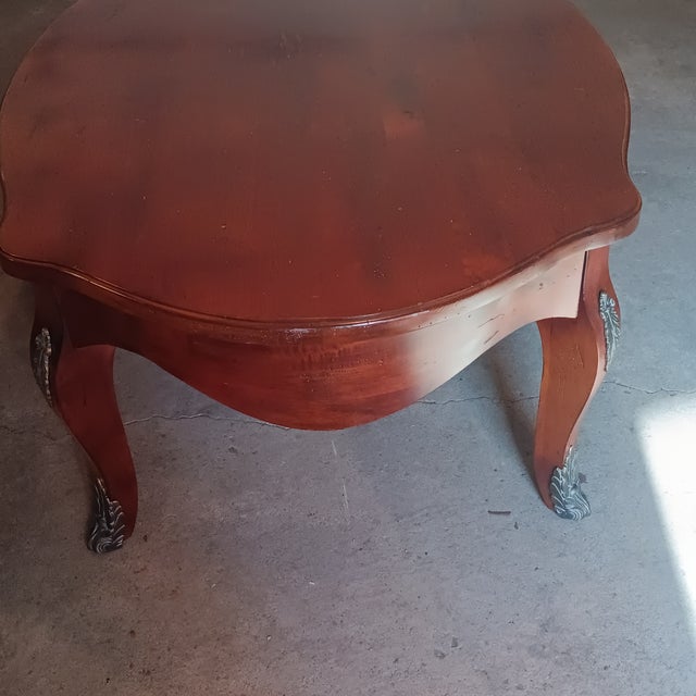 Vintage Solid Wood French Style Oval Coffee Table With Bronze Leaf Accents For Sale - Image 4 of 14