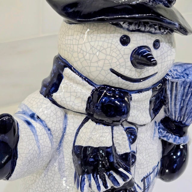 Ceramic Vintage 1984 Dedham Style Blue White Crackle Glaze Snowman Figurine, Potting Shed Attributed For Sale - Image 7 of 9