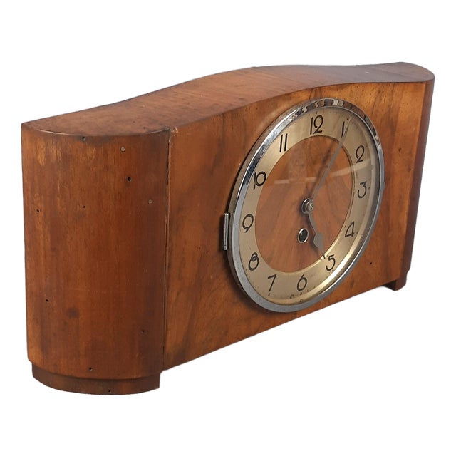 Vintage Wooden Hand-Winding Mechanical Table Clock with Key, 1940s For Sale