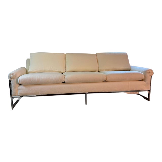 1960s Chrome Couch With Quilted Fabric in the Style of Milo Baughman For Sale