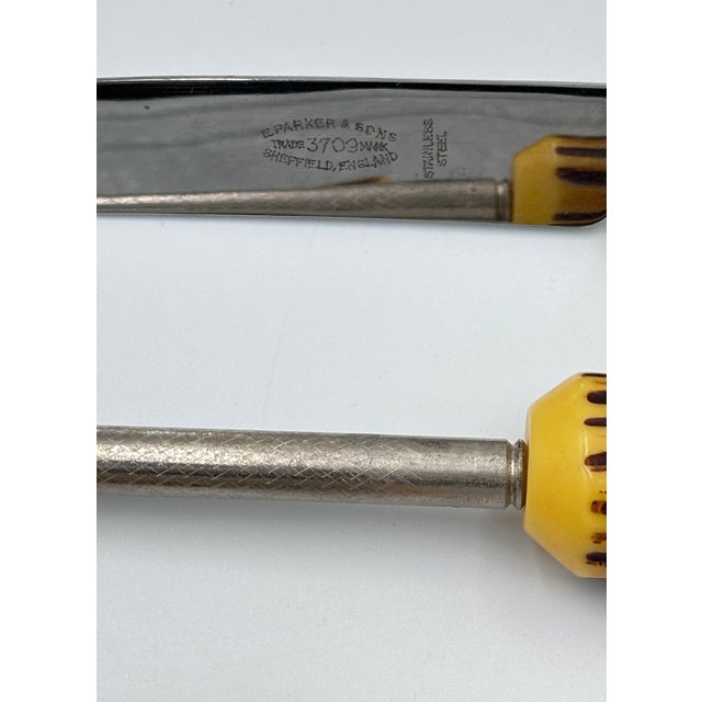 Metal Vintage E. Parker & Sons Sheffield Faux Antler Bakelite 3pc Carving Knife Set For Sale - Image 7 of 7