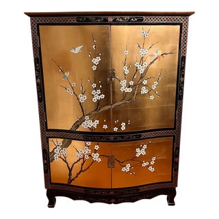 Japanese Style Gold Leaf Lacquered Tall Cabinet For Sale