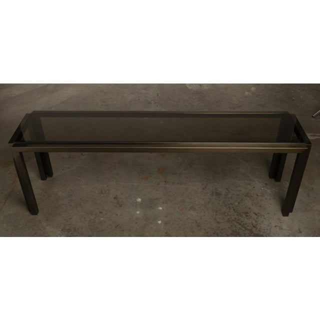 1960s Metallic Console Table Long & Low Glass Gunmetal Ultra Cool 73” For Sale In Los Angeles - Image 6 of 16