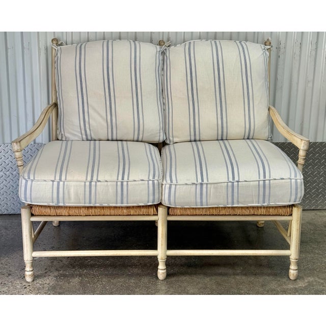 Charming cottage style bench by persnickety. Features Ladderback , turned legs supported with stretchers, rustic painted...