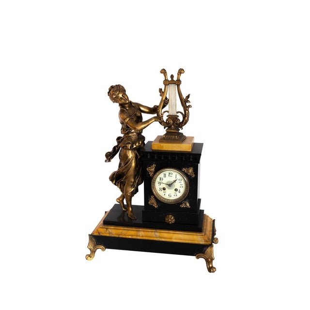 Lady Playing Harp Pendulum Mantel Clock on Marble Base, 1900s For Sale - Image 3 of 10