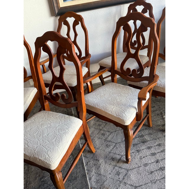 Camel 6 Mid-20th Century Carved Walnut Dining Arm Chairs With Upholstered Seat For Sale - Image 8 of 9