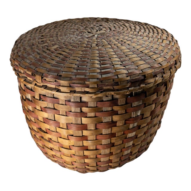 19th Century Native American Northeast Indian Polychrome Covered Splint Basket For Sale