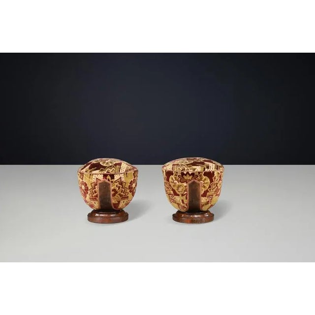 Gold Vintage Italian Art Deco Walnut and Velvet Poufs, 1930s, Set of 4 For Sale - Image 8 of 18