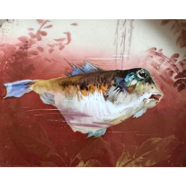 French Country 1950s Limoges French Hand-Painted Fish Plate 6 Pc Set With Gravy Sauce Boat, For Sale - Image 3 of 12