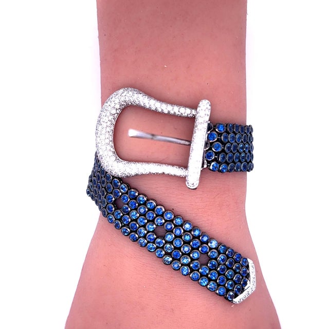 Blue Sapphire & Diamond 18k White Gold Belt-Buckle Bracelet For Sale In Los Angeles - Image 6 of 6