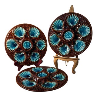 Vintage French Vallauris Majolica Oyster Plate Brown Blue Mid Century Seafood Platters-3 Plates For Sale