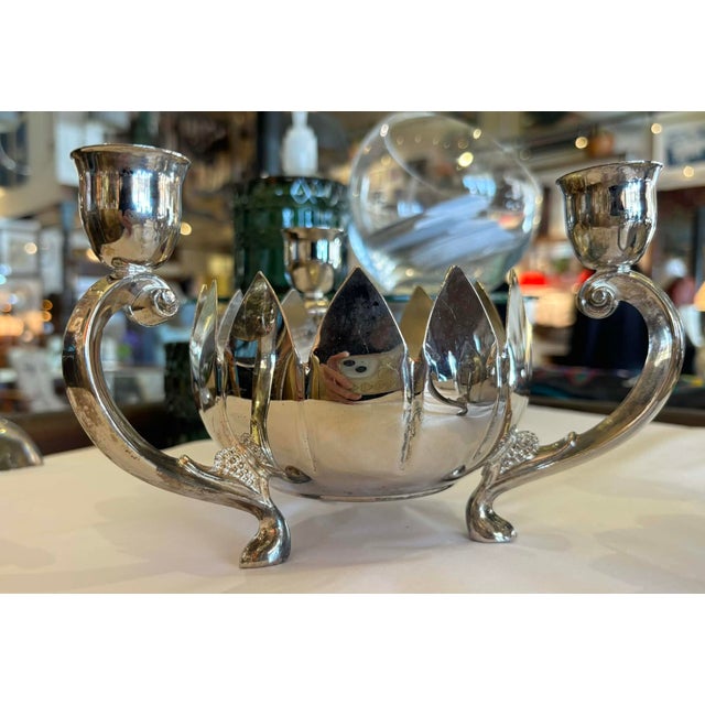 Pair of Silver Plate Lotus Stylized 3 Arm Candleabras For Sale - Image 4 of 7