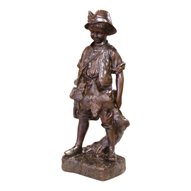 Mid 20th Century Mid-Century French Patinated Bronze Sculpture of a Young Hunter With Hare For Sale