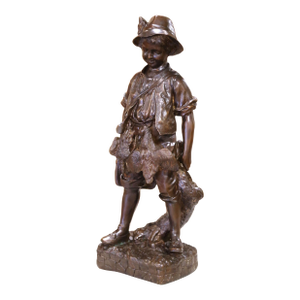 Mid 20th Century Mid-Century French Patinated Bronze Sculpture of a Young Hunter With Hare