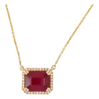 Ruby Pendant Necklace With Attached Chain, Natural Diamonds Halo: Solid 14k Gold For Sale