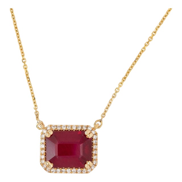 Ruby Pendant Necklace With Attached Chain, Natural Diamonds Halo: Solid 14k Gold For Sale