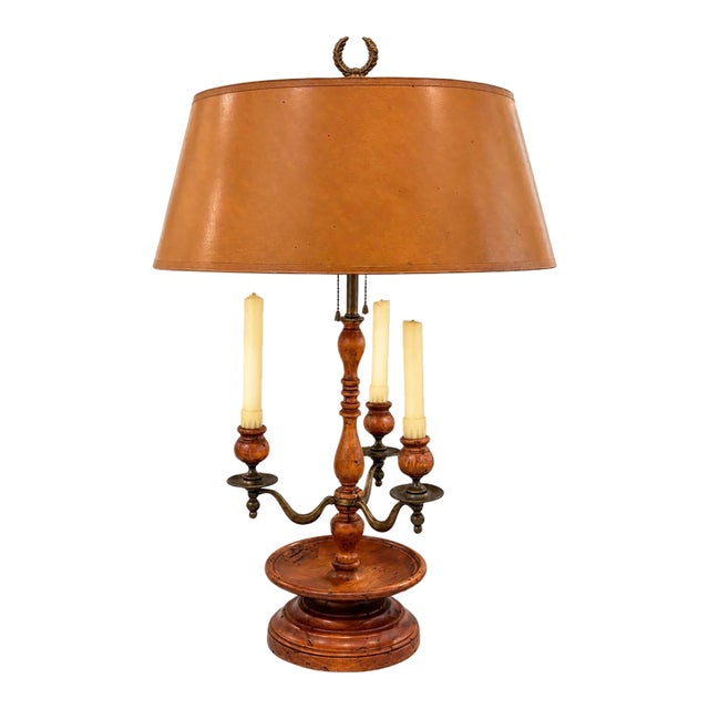 Vintage Italian Turned Wood Three-Arm Candelabra / Bouillotte Lamp For Sale