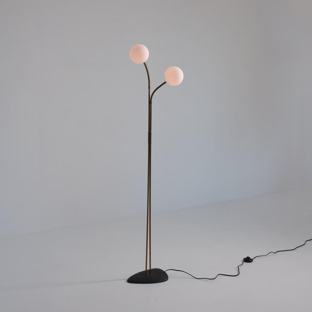 1950s Brass Floor Lamp with Adjustable Arms and Opaline Glass Globes, 1950s For Sale - Image 5 of 9