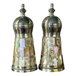 Vintage Abalone Shell & Stainless Steel Salt and Pepper Shakers in the Style of Los Castillo For Sale