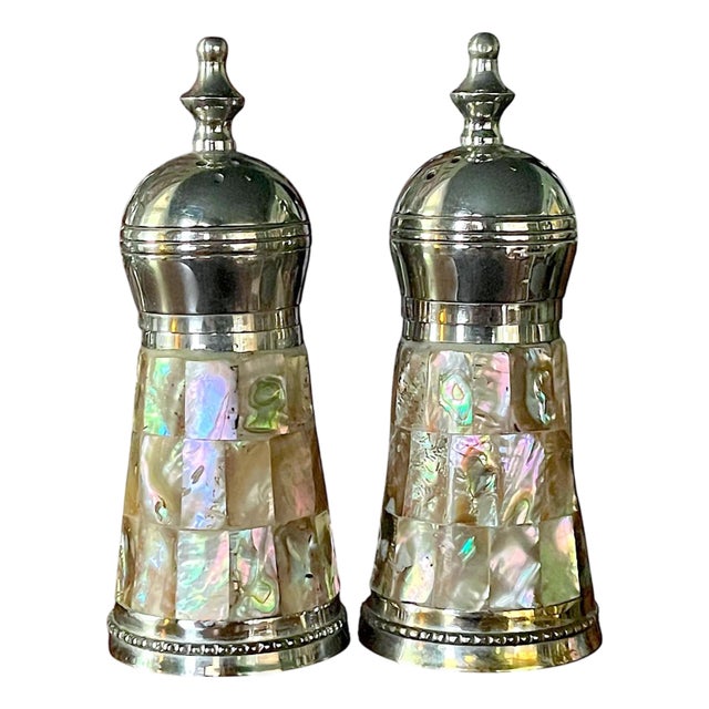 Vintage Abalone Shell & Stainless Steel Salt and Pepper Shakers in the Style of Los Castillo For Sale