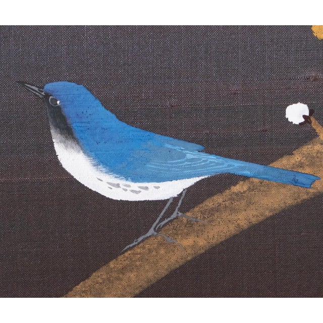 1960s Shōwa Era Japanese Silk Byobu Screen, Blue-and-White Flycatcher and Sakura For Sale - Image 11 of 16