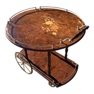 Vintage Italian Burl Walnut Drop Leaf Beverage Cart For Sale