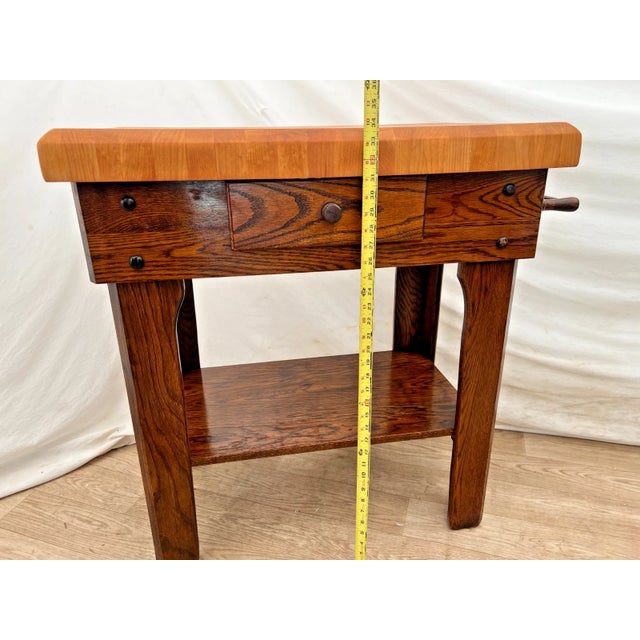 Vintage Butcher Block Carving Table Oak Base With Drawer Shelf End Cut Maple Top For Sale - Image 11 of 15