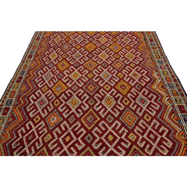 Vintage Persian Soumak Handmade Ruby-Red Geometric Wool Rug For Sale - Image 4 of 8