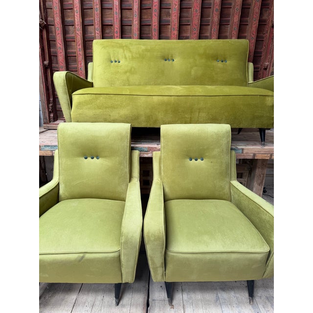Chartreuse 1950s Set Chartreuse and Emerald Mid Century Settee and Arm Chairs For Sale - Image 8 of 9
