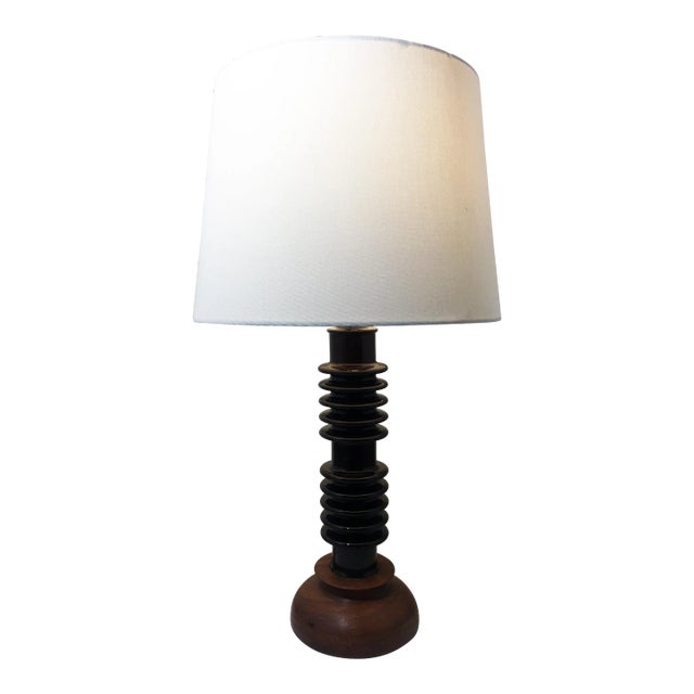 Ceramic Insulator Spool Lamp With Solid Walnut Base For Sale