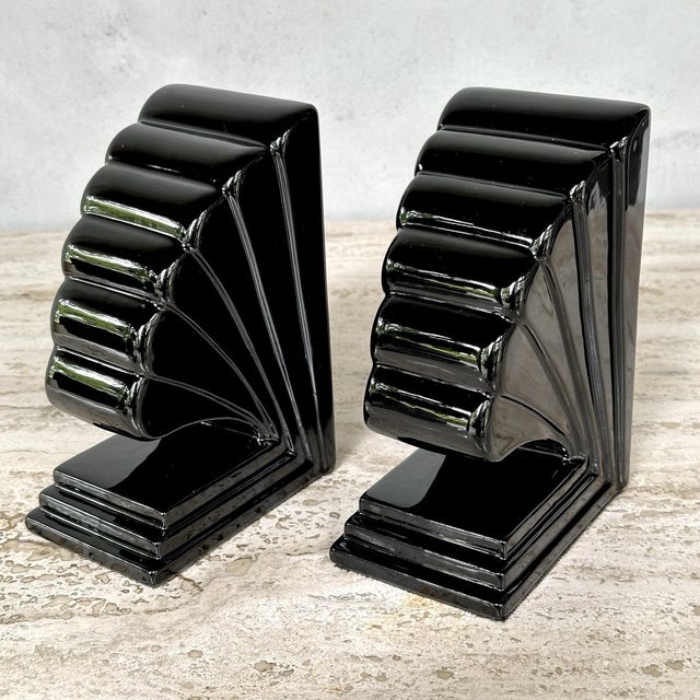 Mid-Century Modern Vintage MCM Fitz and Floyd Art Deco Black Ceramic Bookends-Pair For Sale - Image 3 of 7