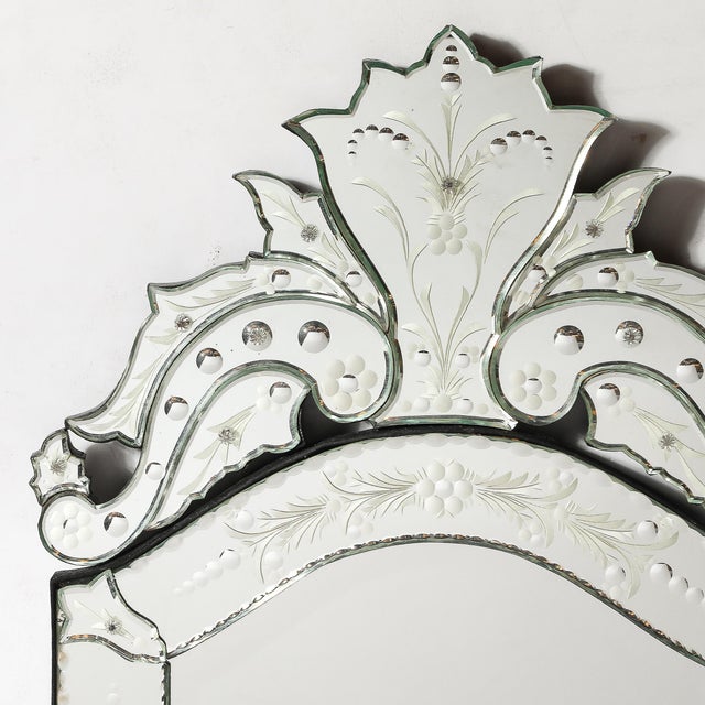 Silver Mid-Century Reversed Etched Venetian Glass Mirror With Chain Beveled Detailing For Sale - Image 8 of 17