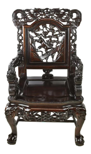 Chinese Minguo Style Vintage Hardwood Richly Craved Hongmu With Openwork Decoration Throne Armchair Depictions of Scaled Three Toed Dragons