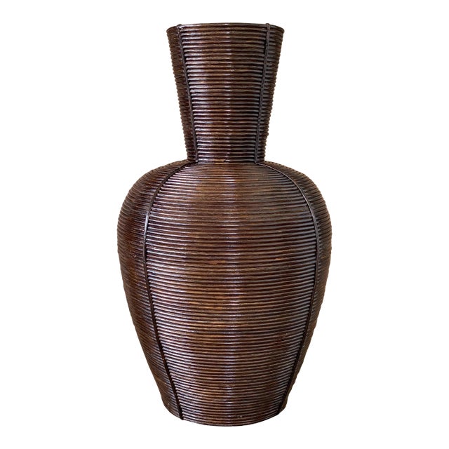 Vintage Coastal Palecek Pencil Reed Rattan Vase For Sale
