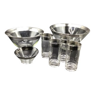 Dorothy Thorpe Silver Banded Chip and Dip Bowls, Salad Bowl, and 4 Highball Glasses-Set of 7 For Sale