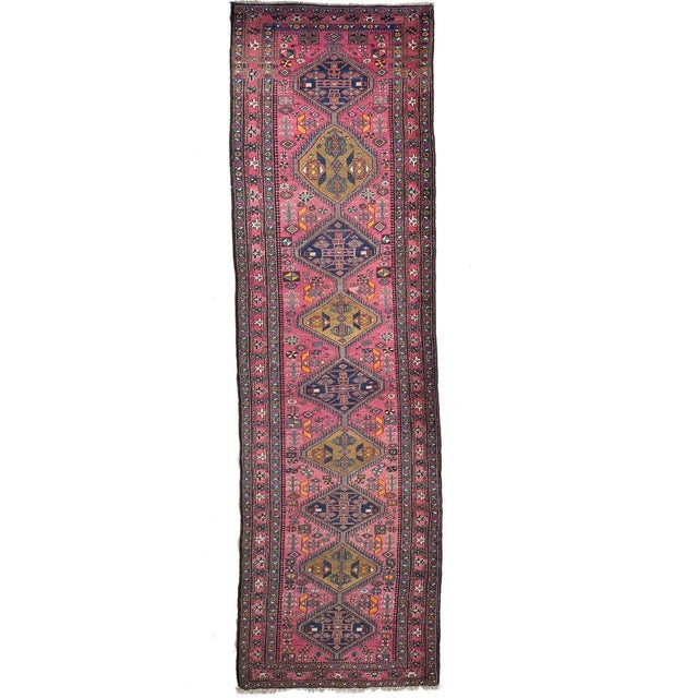 Antique Heriz Runner in Pink, Peacock Teal, Cantaloup, & Dirty Olive Rug 3.3 x 14 For Sale In Milwaukee - Image 6 of 14