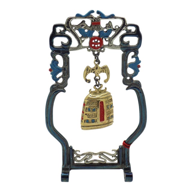 Vintage Italian Handmade Genuine Silver Ritual Chinese Bell With Stand by Etruria of Florence, 1980s Solid 800 Silver Chinoiserie Sculpture For Sale