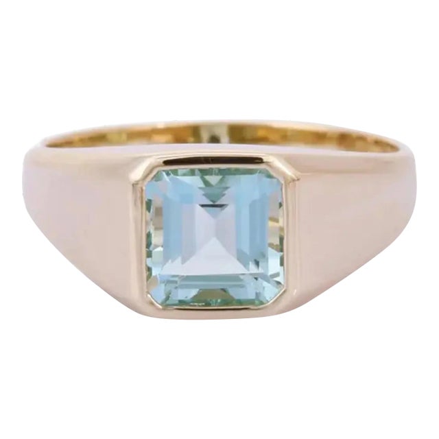 14k Solid Yellow Gold Natural Aquamarine Gemstone Ring Size 6 For Sale
