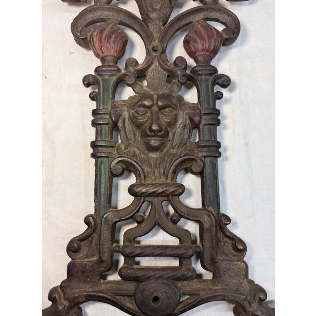 Metal Antique Ornate 1800's Victorian Cast Iron Lion Head Cold Painted Table Bench Leg For Sale - Image 7 of 9