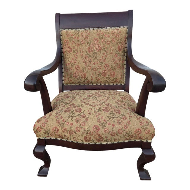 Antique French Carved Empire Lounge Chair Armchair Mahogany Parlor For Sale