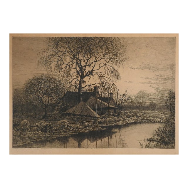 Antique 1887 Pastoral Farmhouse Etching For Sale
