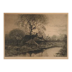 Antique 1887 Pastoral Farmhouse Etching